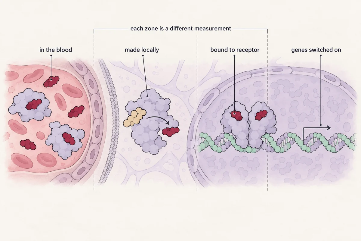 Cutaway from a capillary to a nucleus in four zones: estradiol in the blood, made locally by aromatase, bound to its receptor, and the receptor on DNA switching genes on