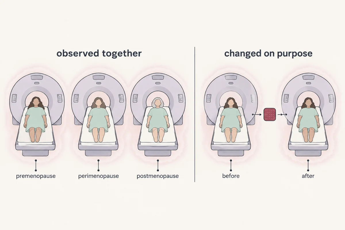 Two study designs at a PET scanner: three different women scanned once each, versus one woman scanned before and after a hormone patch