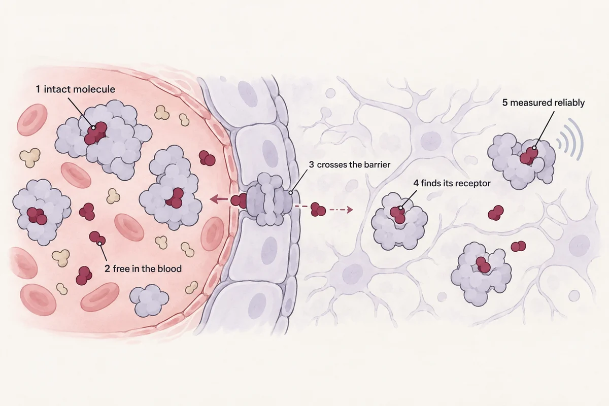 Cutaway across a brain capillary wall: tracer molecules bound to plasma proteins, broken into metabolites, pumped back by an efflux transporter, and a few reaching receptors in brain tissue
